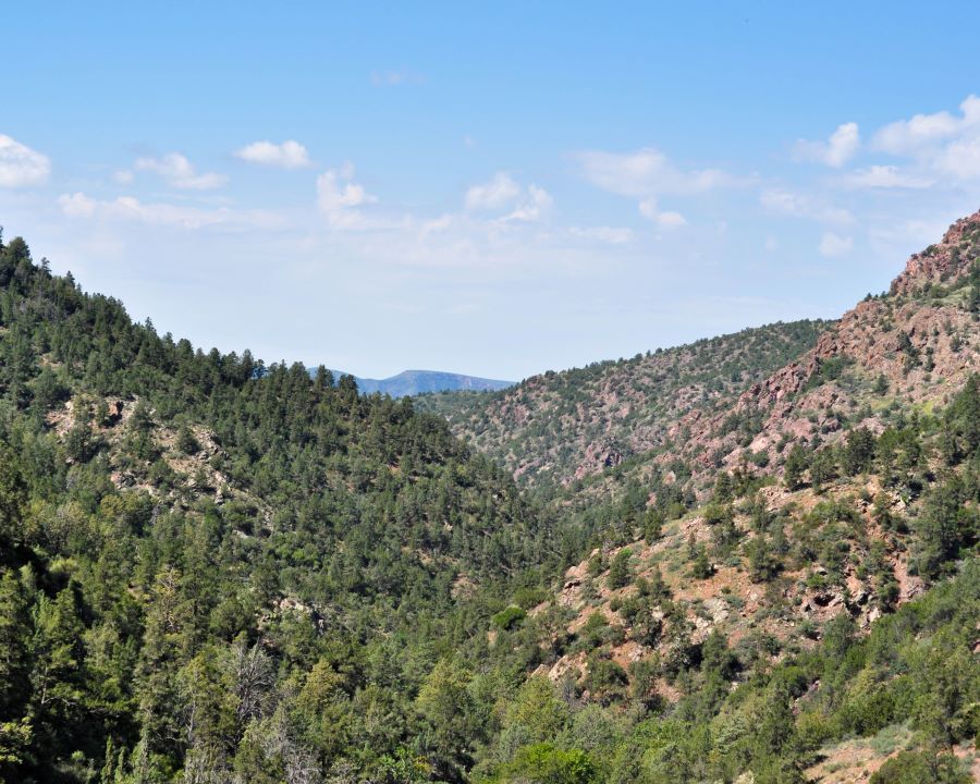A wide, landscape view of Payson, Arizona with hills covered in trees.