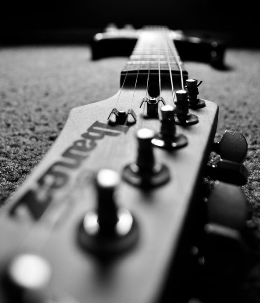 My own electric guitar captured in black and white. This was an exercise in depth-of-field.